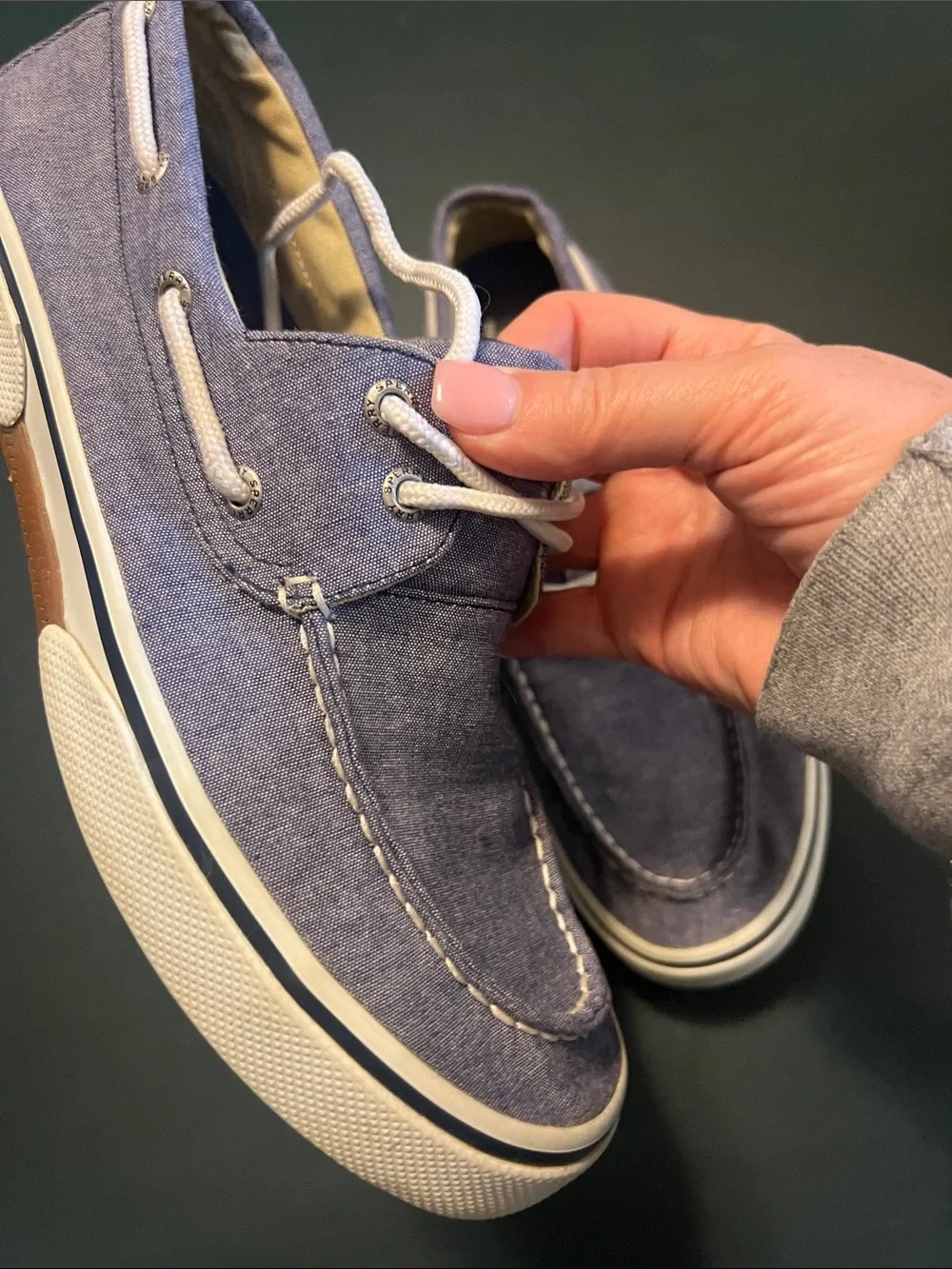 Sperry Men's Chambray Blue Canvas Boat Shoes with White Laces